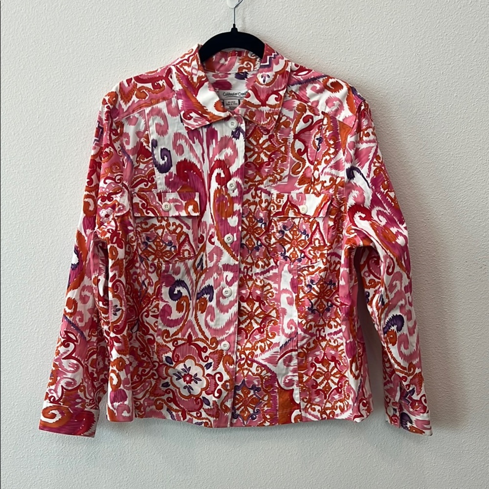 Coldwater Creek Pink and Red Patterned Button Down Cotton Shacket /Shirt Wmn PXL